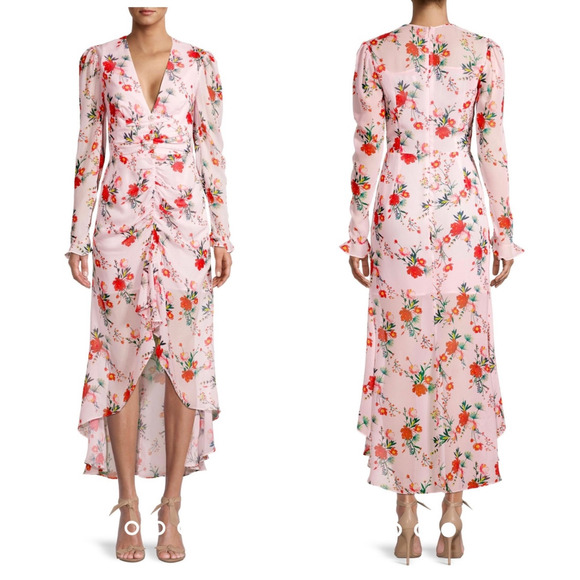 NWT Sau Lee Ciara Pink Floral Ruffle Midi Dress Size 6 Wedding Guest - Picture 3 of 16